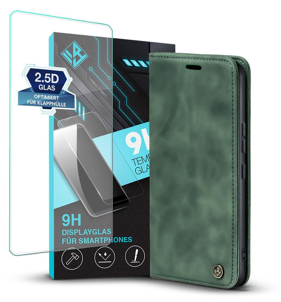 Handy Hülle für Xiaomi Redmi Note 12 mit 9H Displayglas Klapphülle Bookcase Flip Cover Handy Tasche Etui Farbe: Grün