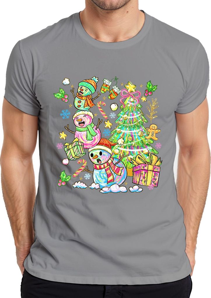 Weihnachten Schneemann Tannenbaum Zuckerstange Lebkuchen bunt Herren T-Shirt, Grau, XL