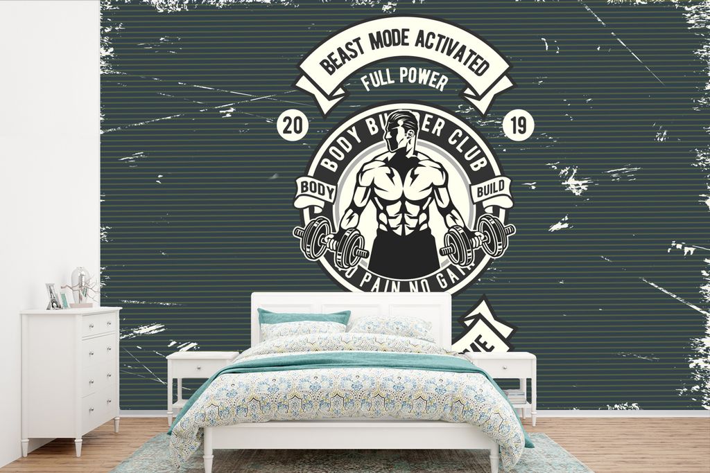 MuchoWow Fototapete für Wohnzimmer oder Schlafzimmer Wandtapete Vinyl Motivtapete Mancave - Gewichte - Retro - Grau - 450x300 cm - Gemusterte