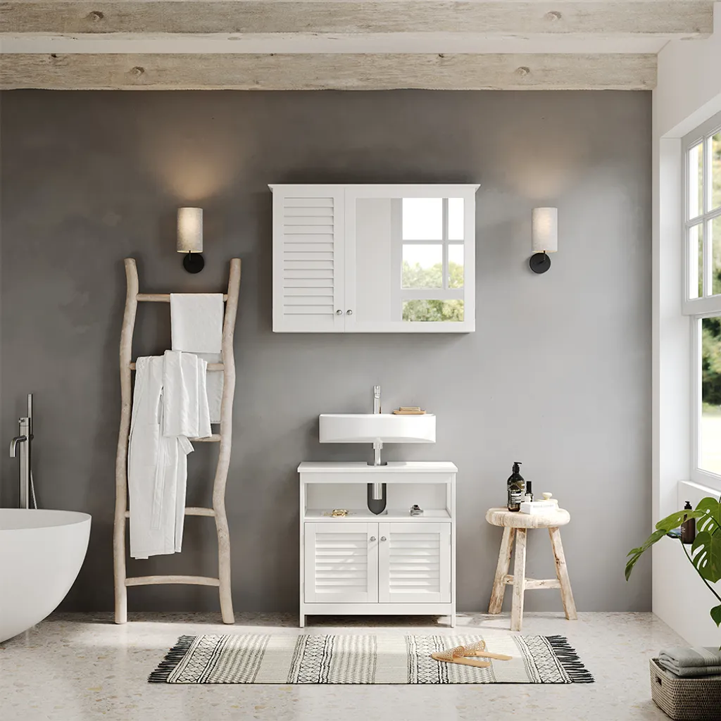 Ensemble meuble sous-vasque et étagère Vicco Riad Blanc pour salle de bain