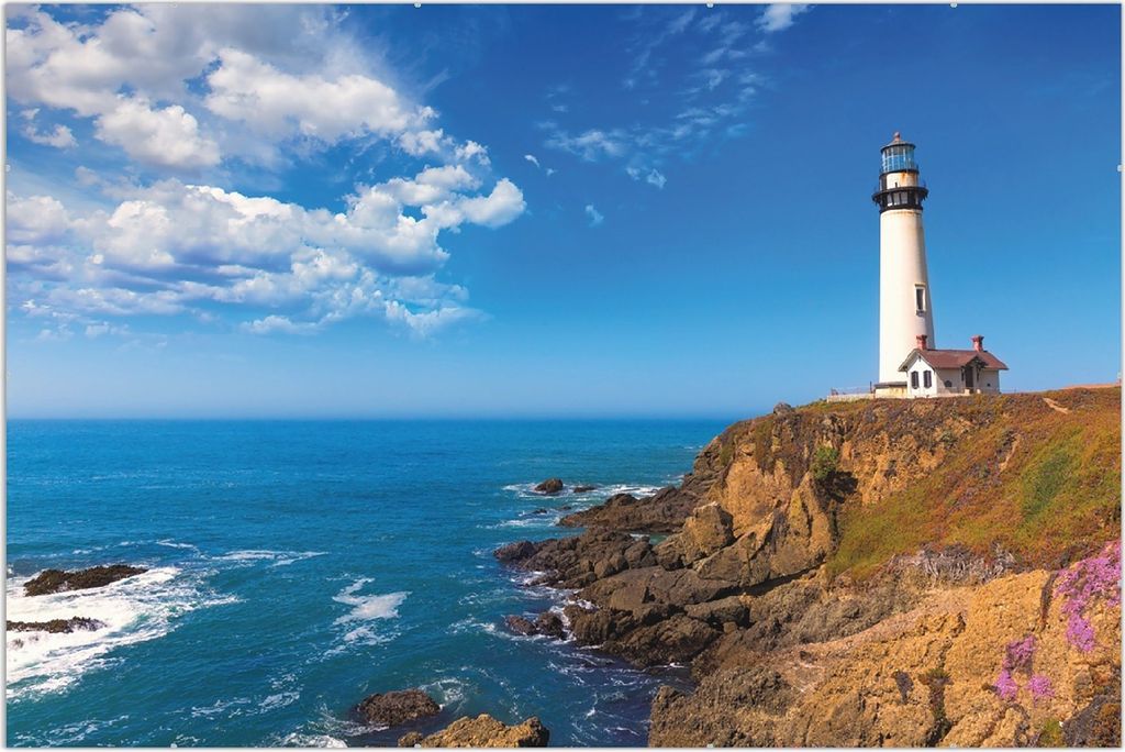 Wallario Wandbild Leuchtturm auf einem Felsvorsprung - Blauer Himmel, Größe: 61 x 91,5 cm, Poster mit rahmenlosen Bildhalter