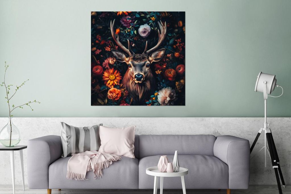 MuchoWow Wanddekoration Metall Metallbild Wandkunst 90x90 cm Hirsch - Tierporträt - Blumen - Natur - Hirschkopf MuchoWow Aluminium Gemälde - Deko...