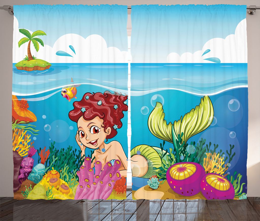 ABAKUHAUS Meerjungfrau Rustikaler Vorhang, Palmen in Insel, Wohnzimmer Universalband Gardinen mit Schlaufen und Haken, 280 x 245 cm, Mehrfarbig