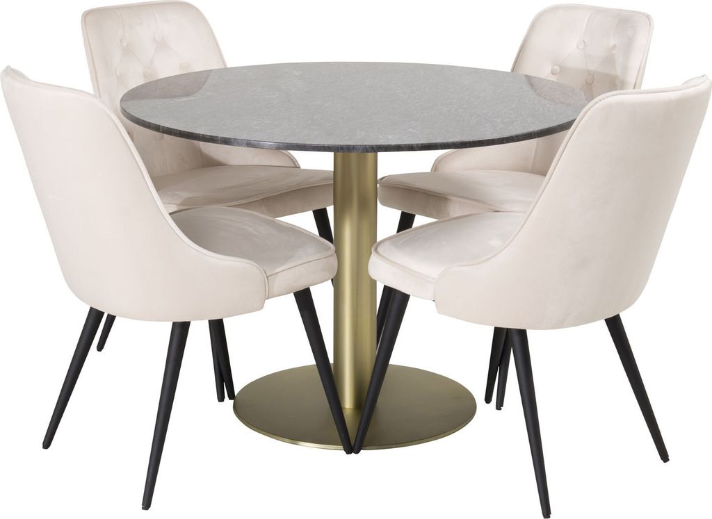 EstelleØ106BLBR Essgruppe Esstisch schwarz, Marmor und 4 Velvet Deluxe Esszimmerstühle Velour beige, schwarz.