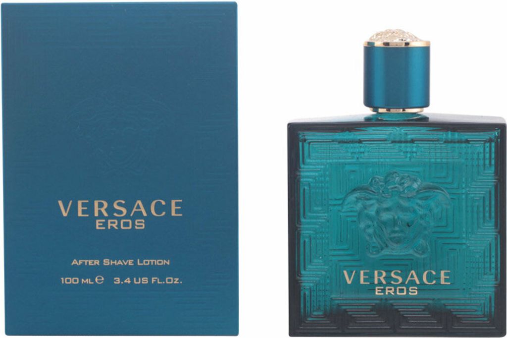 A box and bottle of Versace Eros After Shave Lotion.