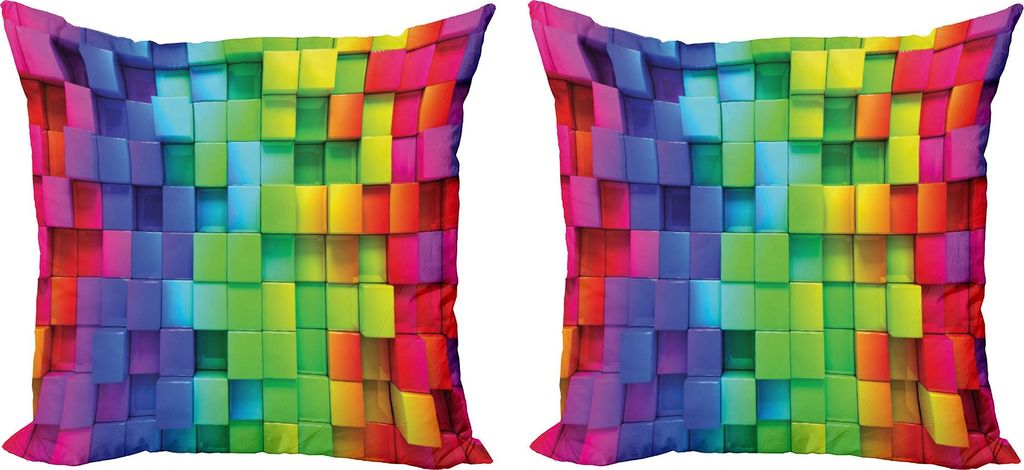 ABAKUHAUS Bunt Kissenbezug Set (2Stück), Regenbogen Quadrate Abstrakte Thema Futuristische Ziegelsteine Illustration Muster, 45 x 45 cm, Mehrfarbig