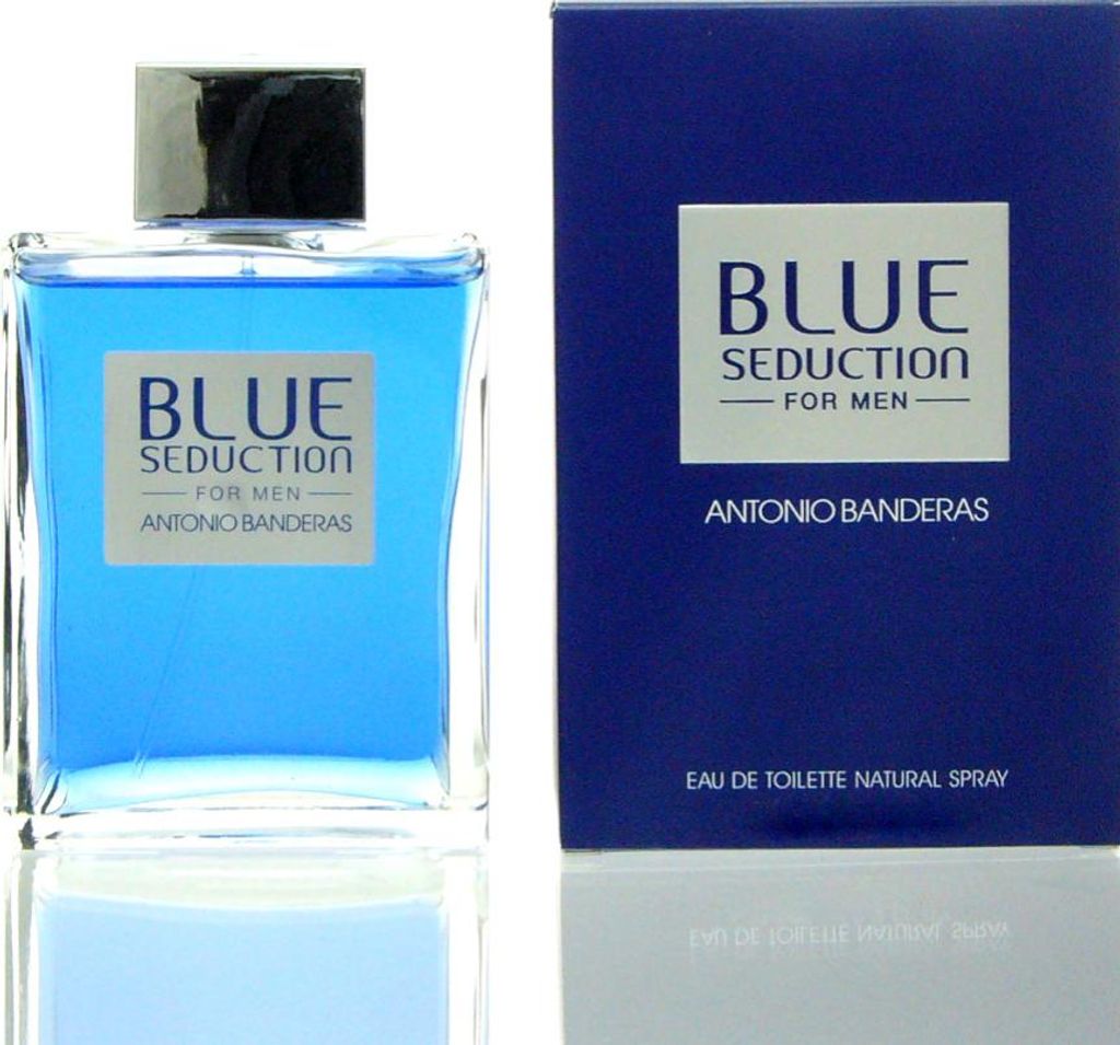 A bottle of Antonio Banderas Blue Seduction eau de Toilette for Men and its packaging are displayed side-by-side on a white background.
