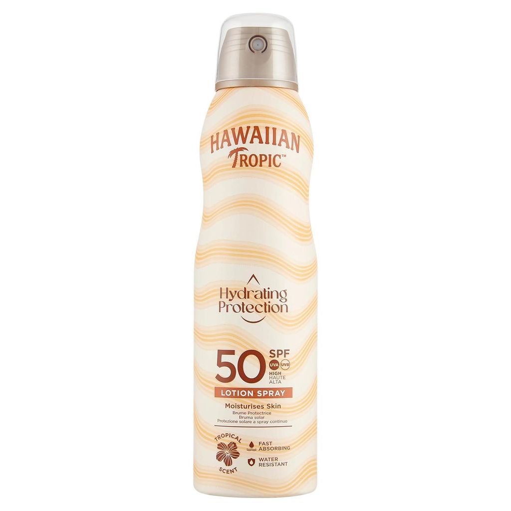 Hawaiian Tropic | Hydrating Protection Sunscreen Lotion-Spray LSF 50 UVA + UVB Schutz, 220 ml, tropischer Duft, wasserfest, vegan