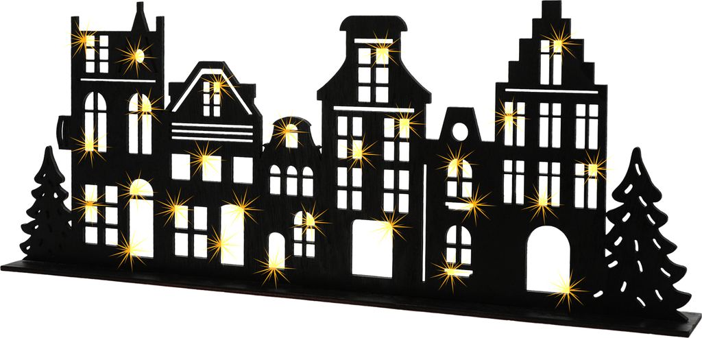 LED Winterdorf beleuchtet aus Holz - ca. 57 x 22 cm - Häuserzeile Deko Aufsteller XXL in schwarz