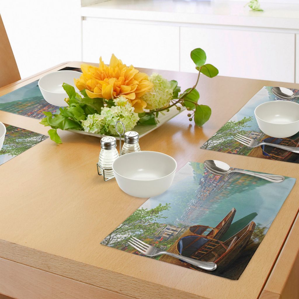 ABAKUHAUS asiatisch Platzmatten, Old Chinese Suburbs Lake Canal mit Holzboats Foggy asiatischen östlichen ländlichen Szene Art, Untersetzer aus W...