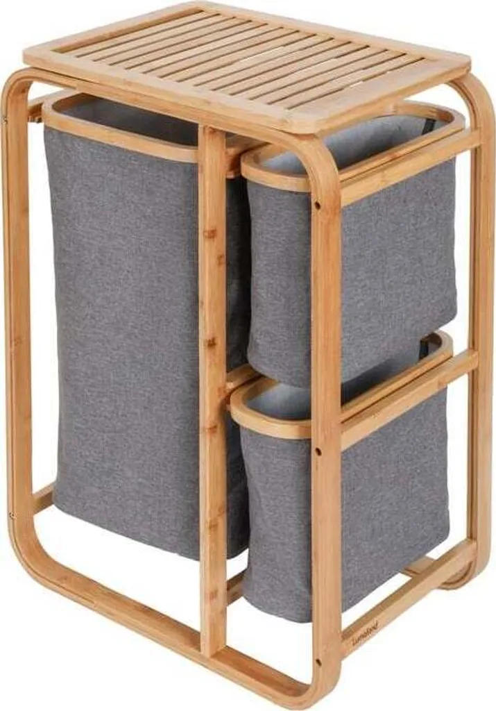Meuble de rangement linge avec 3 sacs extensibles et étagère en bambou