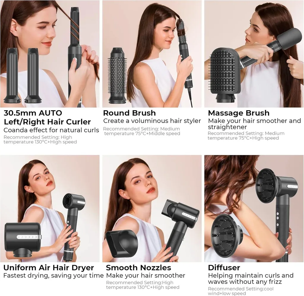 Brosse à air chaud multifonction avec diffuseur et 6 embouts de coiffage noirs