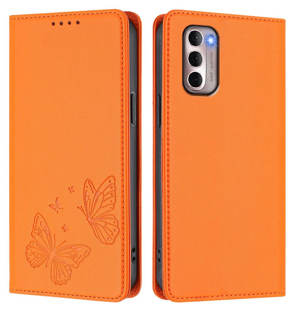 Lederhülle für Motorola Moto G Stylus 2022 4G, Schmetterling Prägung Leder Brieftasche Schutzhülle mit Ständer Orange