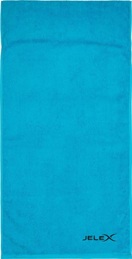 A turquoise fitness towel is laid flat against a white background.