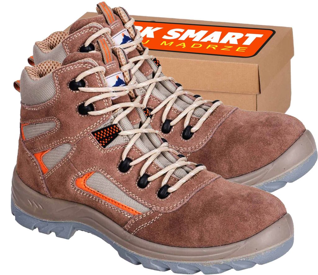 A pair of brown work boots with orange accents and a cardboard box in the background.