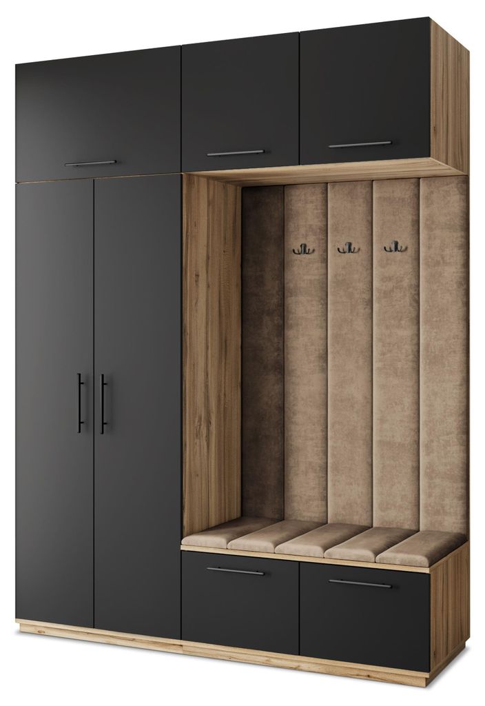 Masseno Garderobe-Set REMA 180/240/60 cm Modern Garderobenschrank Eiche Wotan, Veloursstoff MONOLITH 09 (Beige)