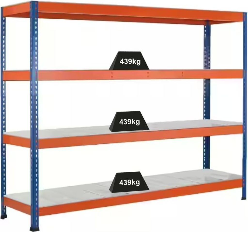 Schulte Weitspannregal mit Stahlpaneelen Z1 | HxBxT 198,1x214,6x62cm | 4 Ebenen | Fachlast 439kg | Blau/Orange/Verzinkt