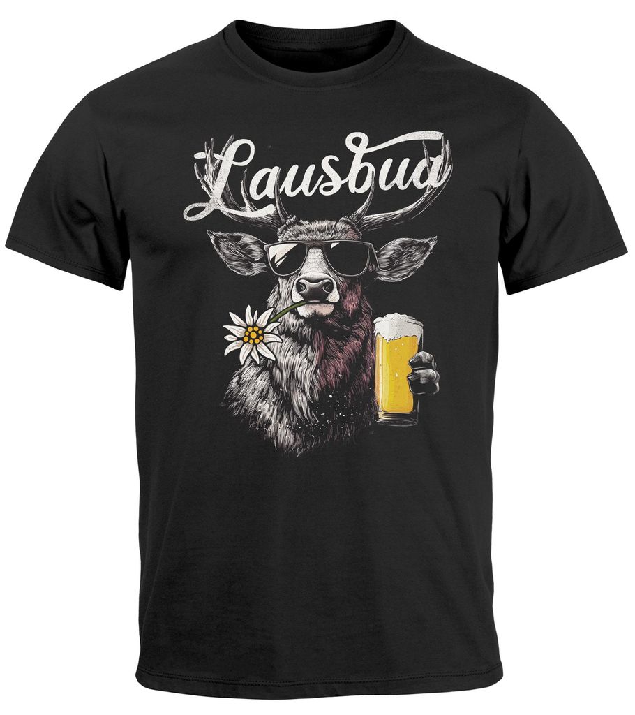 Herren T-Shirt Trachtenshirt Hisch Bier-Glas Alpen Edelweiß Schriftzug Lausbub Bayern Dialekt Fashion Neverless schwarz 5XL