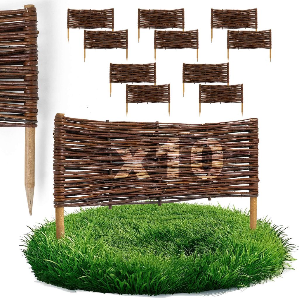 10 x BOGATECO Beeteinfassung aus Weide | 60 cm Lang & 20 cm Hoch | Holz-Zaun Rasenkante | Weiden-Zaun Steckzaun