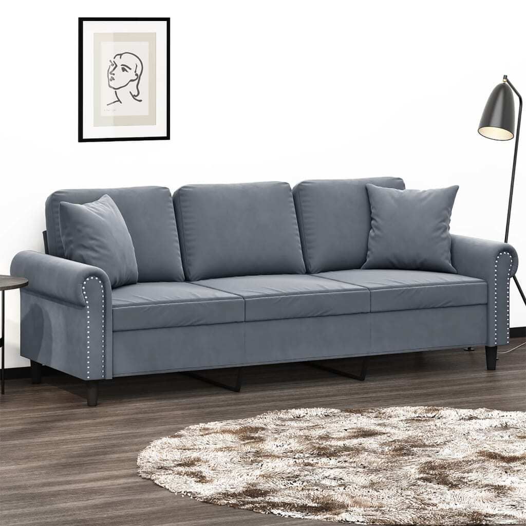ZMH 3-Sitzer-Sofa mit Zierkissen Dunkelgrau 180 cm Samt