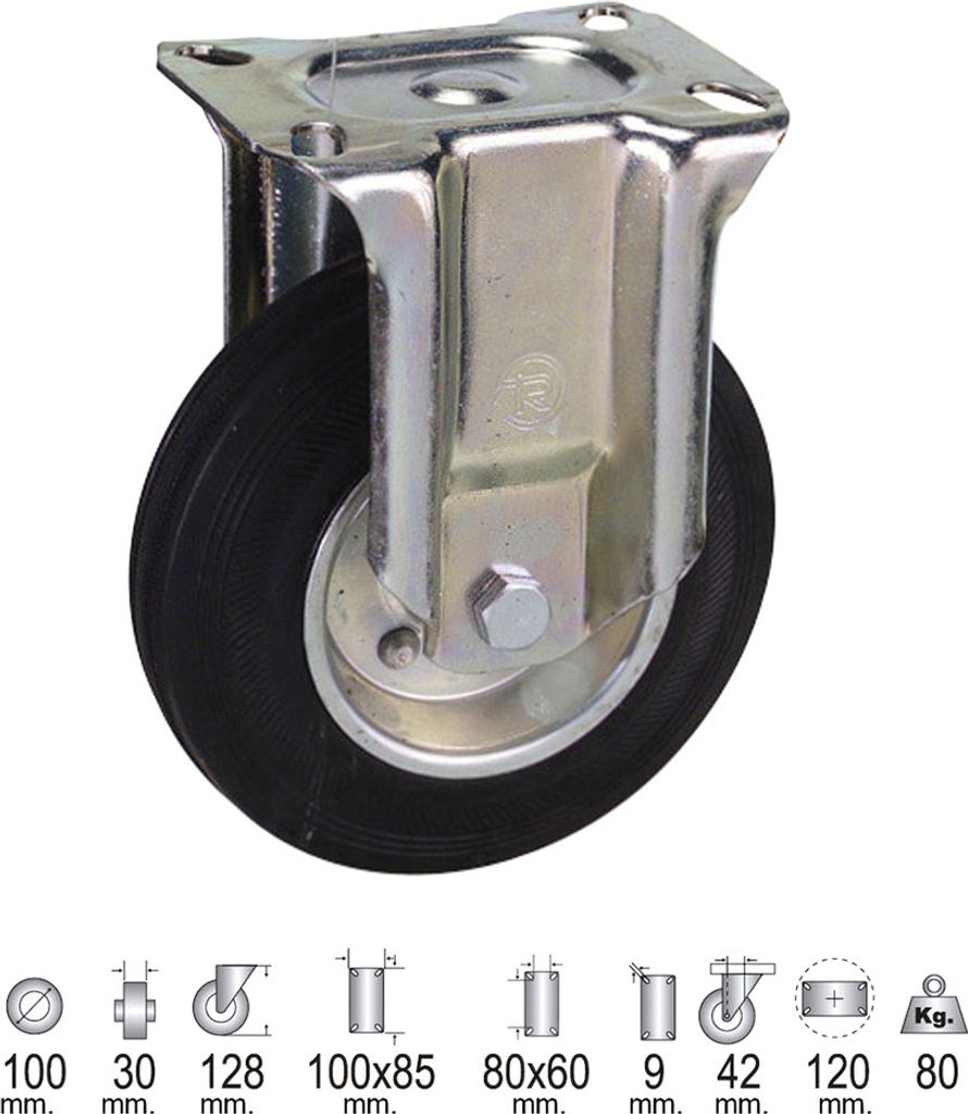 Schwarze, industrielle Gummirolle 100 mm, feststehend.