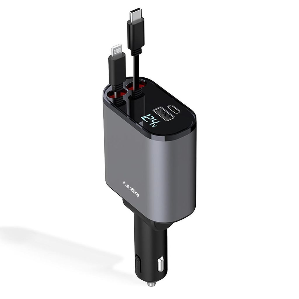 AutoSky 4in1 ausziehbares Autoladegerät mit Schnellladefunktion USB C A KFZ