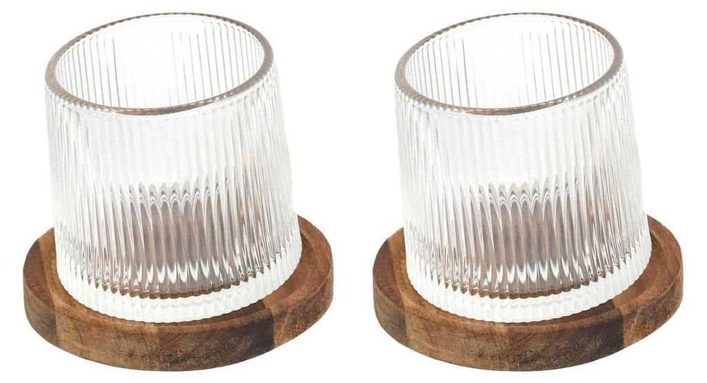 COOK CONCEPT, KA0390, Duo of transparent Glass Whiskey Glasses with Acacia Support, ideal for Cocktails and aperitifs, Capacity 16cl, elegant Design,