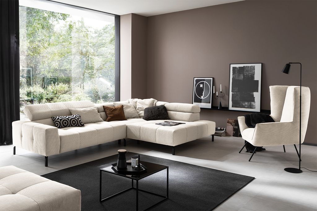 KAWOLA Sofa OHIO Ecksofa Feincord weiß mit motorischem Sitzvorzug Recamiere rechts