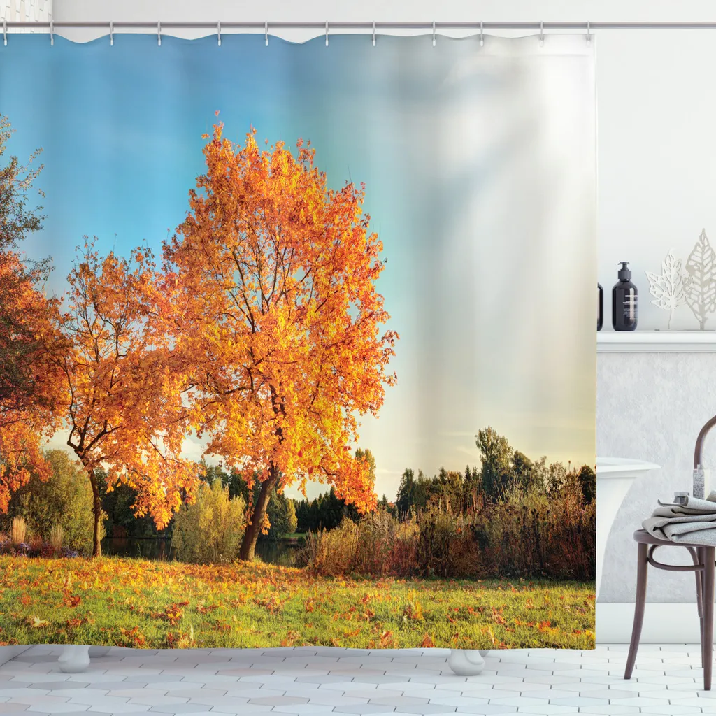 ABAKUHAUS Tenda da doccia naturale, acero in autunno, opaca, incl. 12 anelli, resistente a batteri e muffe, 175 x 240 cm, arancione blu