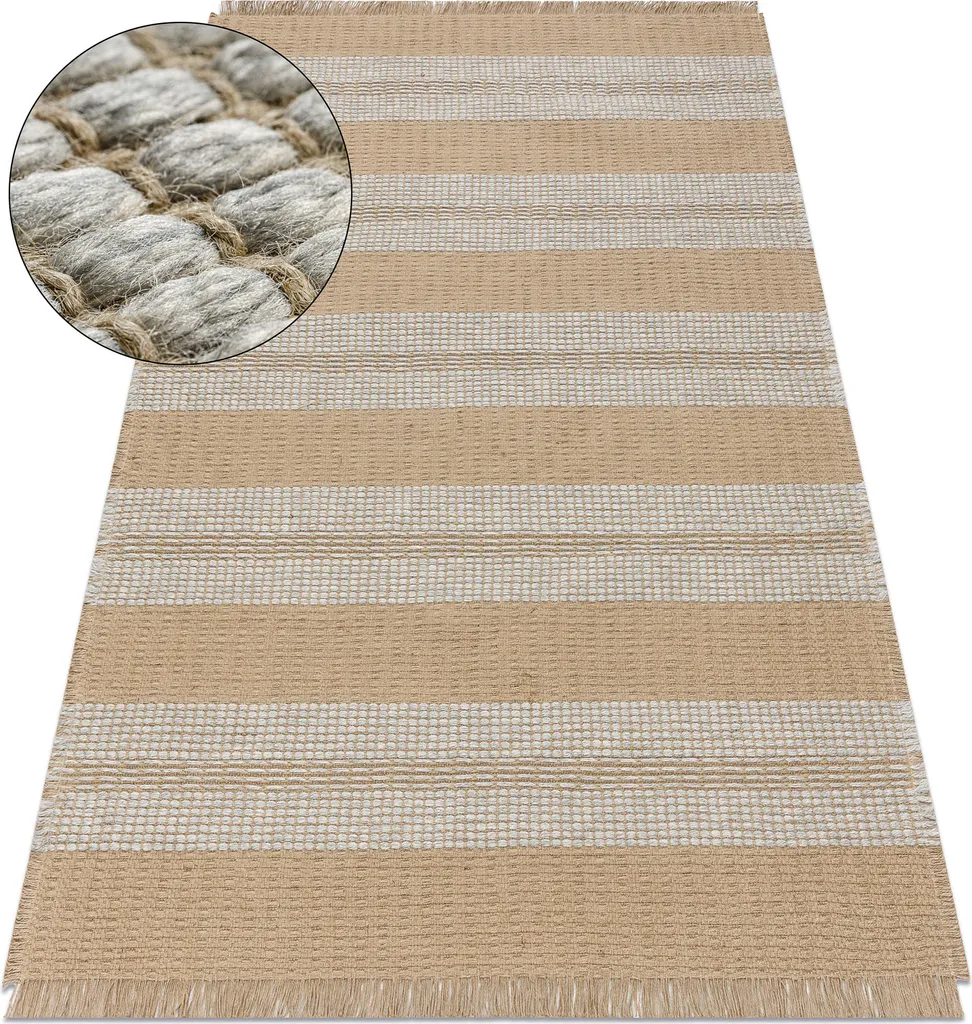 Tapis JUTE 3734 beige à rayures grises tissé plat et frangé 160x220 cm