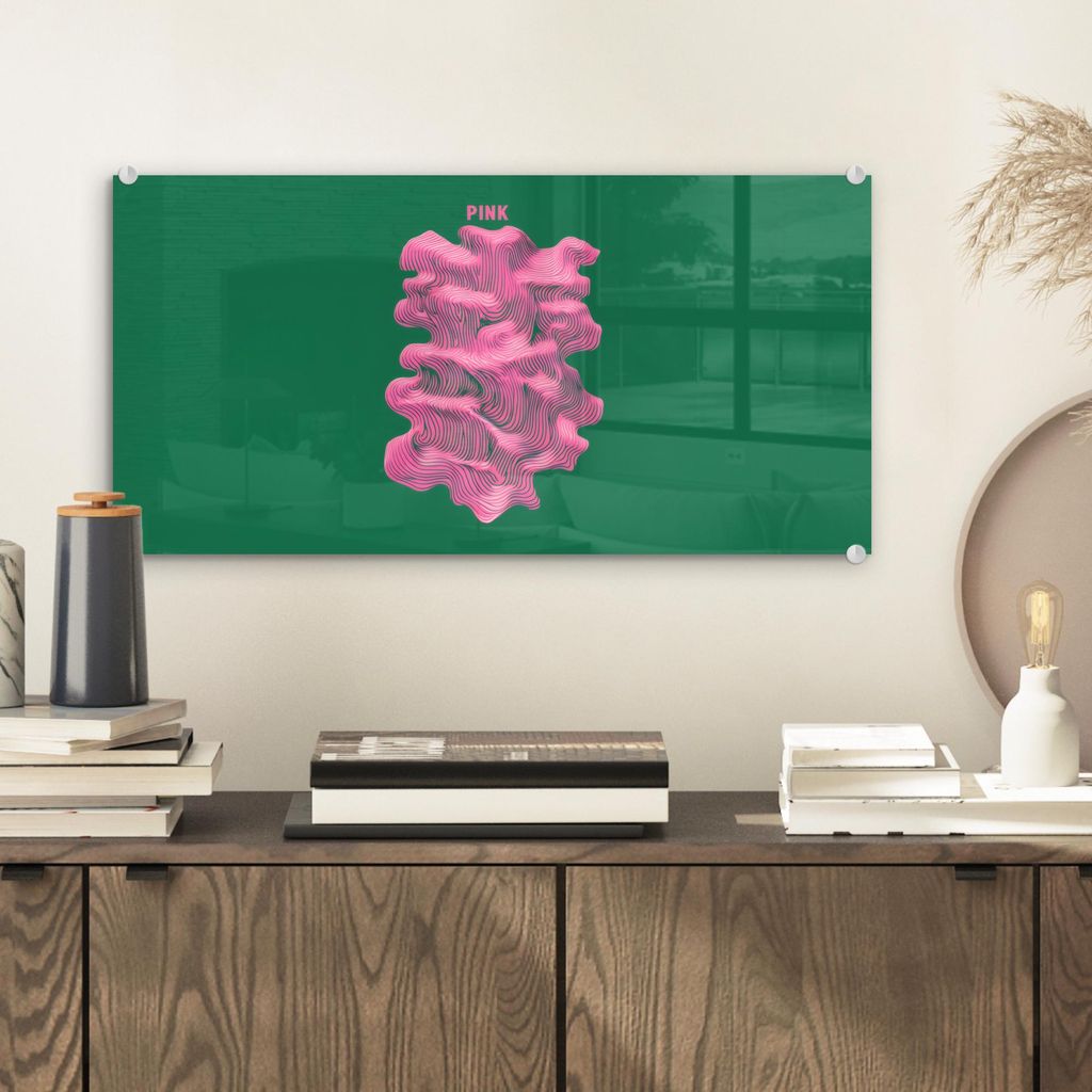 MuchoWow Glasbilder - Bilder auf Wandbild - Foto auf Glas Abstrakt - Rosa - Linien - Grün 40x20 cm Wanddekoration aus Glas - Acrylglasbild - Acryl...