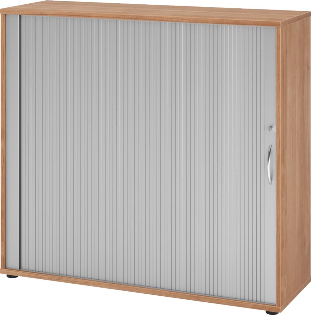 bümö Rollladenschrank office - 3 Ordnerhöhen - Nachbildung: Nussbaum/Silber, Griff: Bogengriff (Metall)
