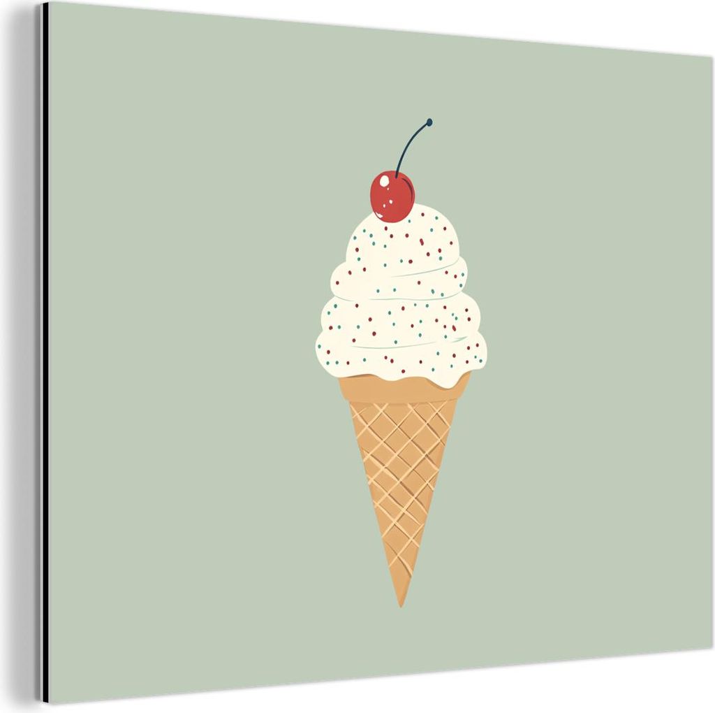 MuchoWow Wanddekoration Metall Metallbild Wandkunst 80x60 cm Illustration - Eiscreme - Sprenkeln - Kirsche MuchoWow Aluminium Gemälde - Alubild
