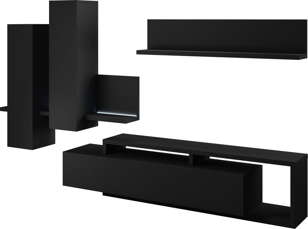 Furniture24 Wohnwand Bota 09 Schrankwand Hängeschrank Lowboard Hängeregal Stilvoll Wohnzimmer-Set Mediawand Schwarz