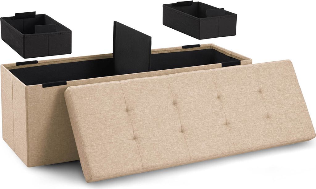 A beige storage ottoman with its lid open, showing the interior space divided by black inserts. Two black storage boxes are shown above the ottoman.