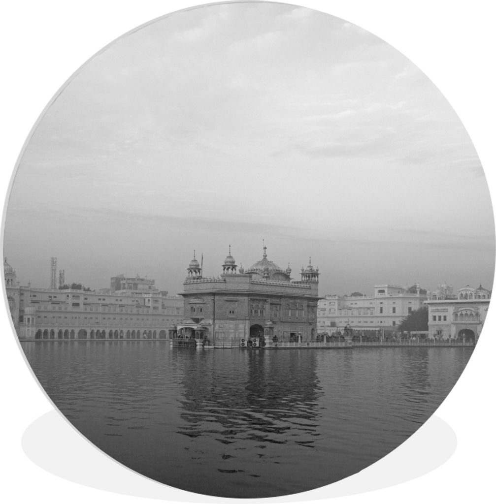 MuchoWow Rundes Wandbild - Runde Bilder Schwarz-Weiß-Bild des Goldenen Tempels in Amritsar am Morgen Ø 60 cm Kreis Wanddekoration Kunststoff - ...