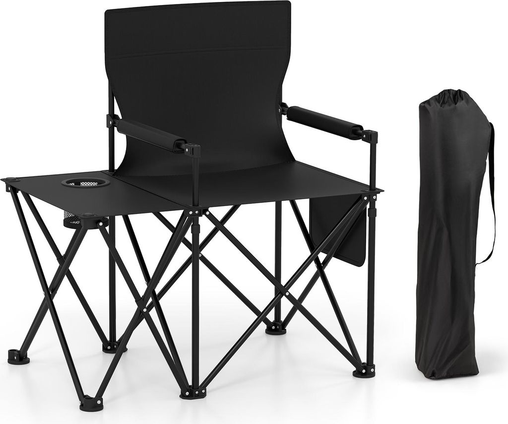 COSTWAY 2er Set Campingstühle, Klappstühle mit Seitentisch, Becherhalter, Seitentasche & Armlehnen, Angelstühle klappbar bis 150kg, Faltstuhl Sc...