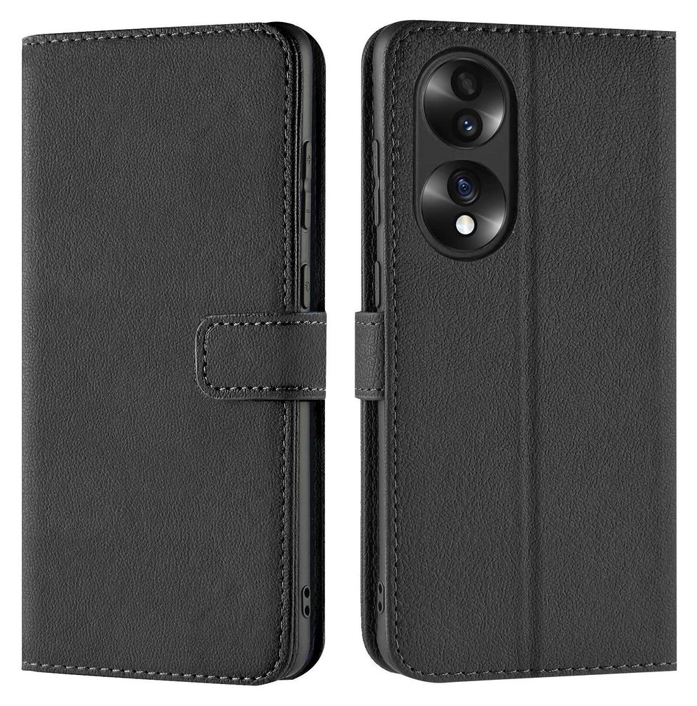 A black book-style phone case for a Honor 70 phone is shown from the front and back.