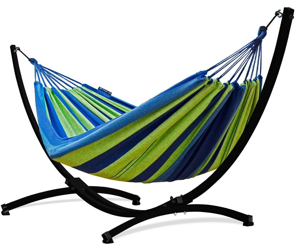 Potenza Outdoor Hängematte mit Gestell für 2 Personen I Baumwolle Doppelhängematte XXL 220x160, 200kg I Schwarz Hängemattengestell 220kg, wette...