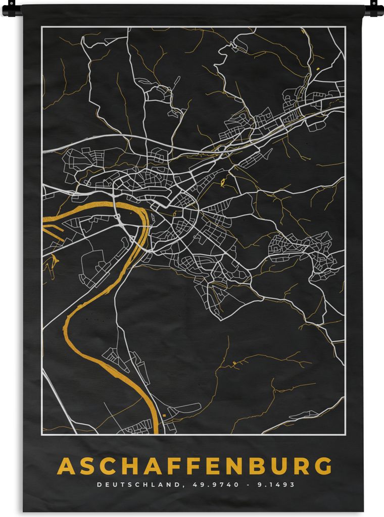 MuchoWow Wandteppich Wandbehang Gold - Deutschland - Karte - Stadtplan - Aschaffenburg 90x135 cm Tapisserie Dekoration Wandtuch - Baumwolle - Wan...