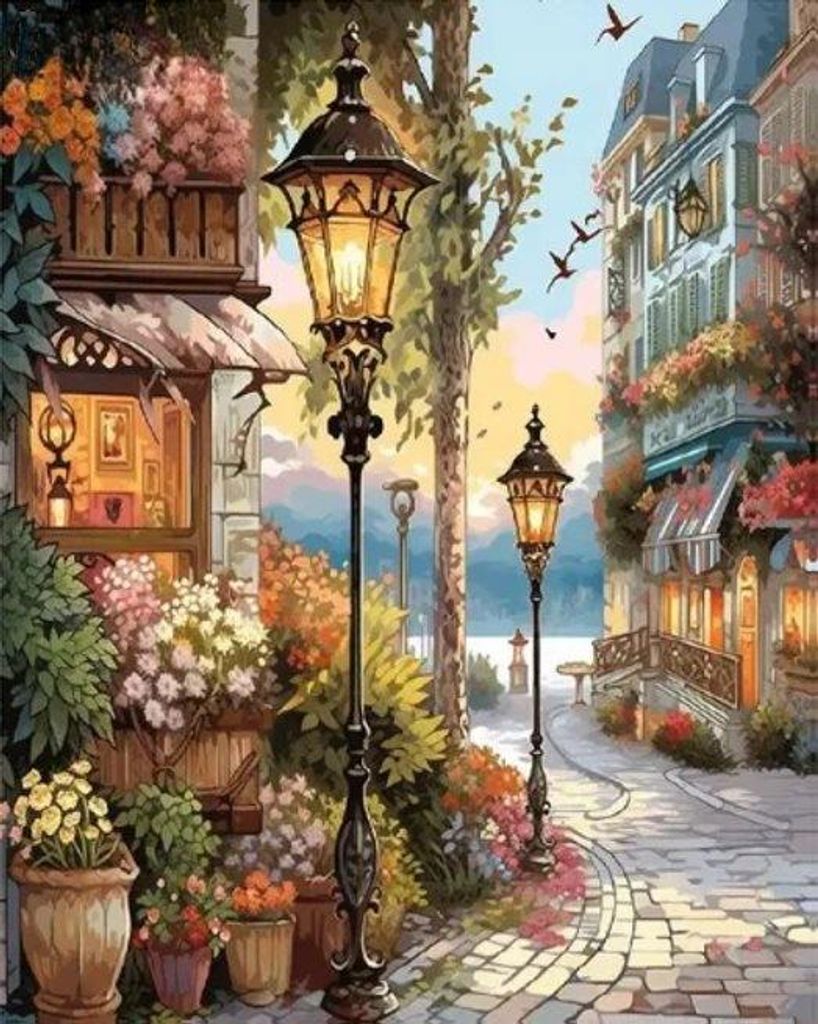 Malen nach Zahlen: Blumenstraße unter Laternen, 40 x 50 cm auf Rahmen