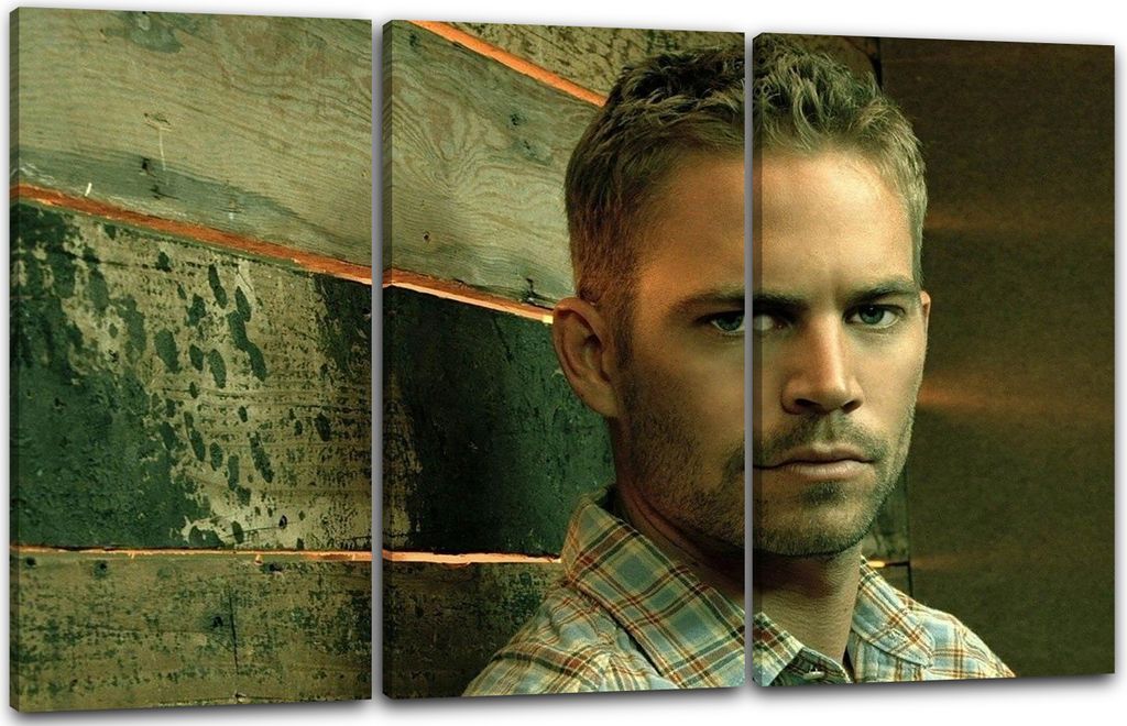 Leinwandbild 3-teilig (120x80cm): Paul Walker cooler harter Blick vor Holzwand, echter Holz-Keilrahmen inkl. Aufhänger, handgefertigt in Deutschland