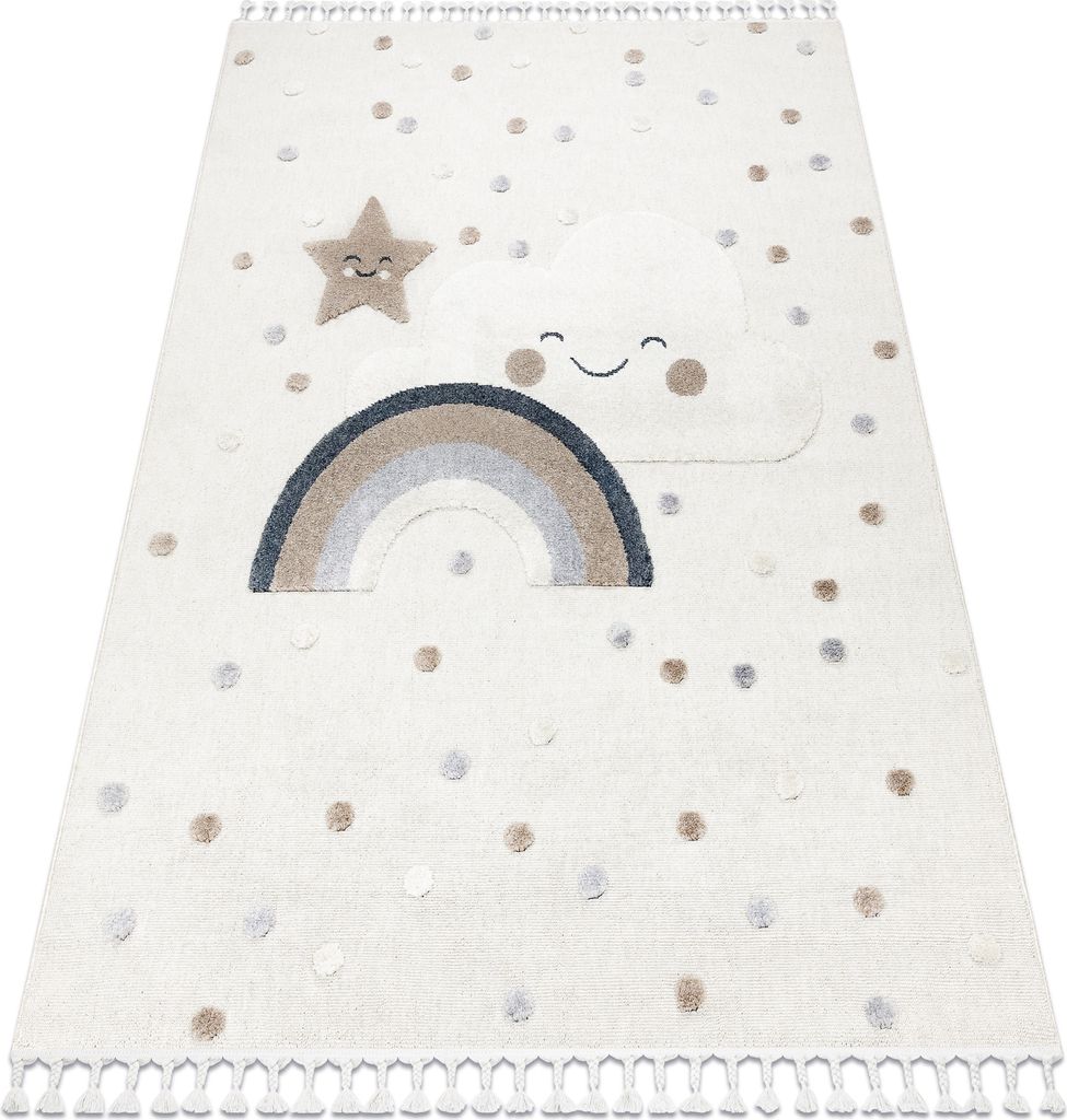 Teppich YOYO EY78 weiß / beige - Wolke, Regenbogen, Punkte für Kinder, strukturell, sensorische Fransen beige 140x190 cm