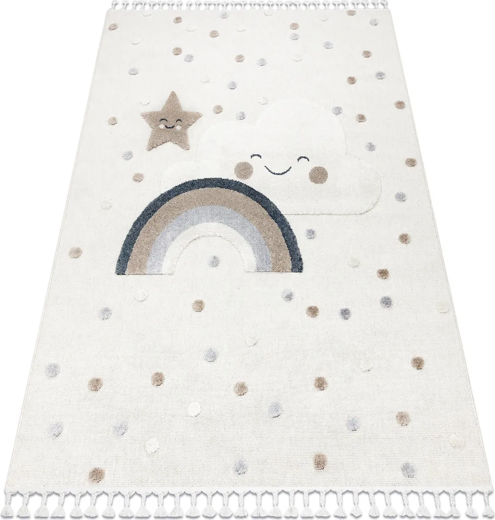 Grand tapis sensoriel enfant YOYO 140x190 cm, beige avec franges