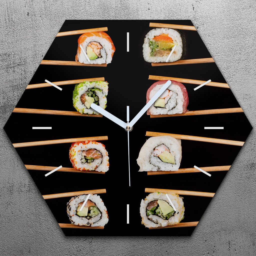 Uhr hexagonal 40 cm Glas Geräuschlos weiße Zeiger - Sushi Stücke in Sticks