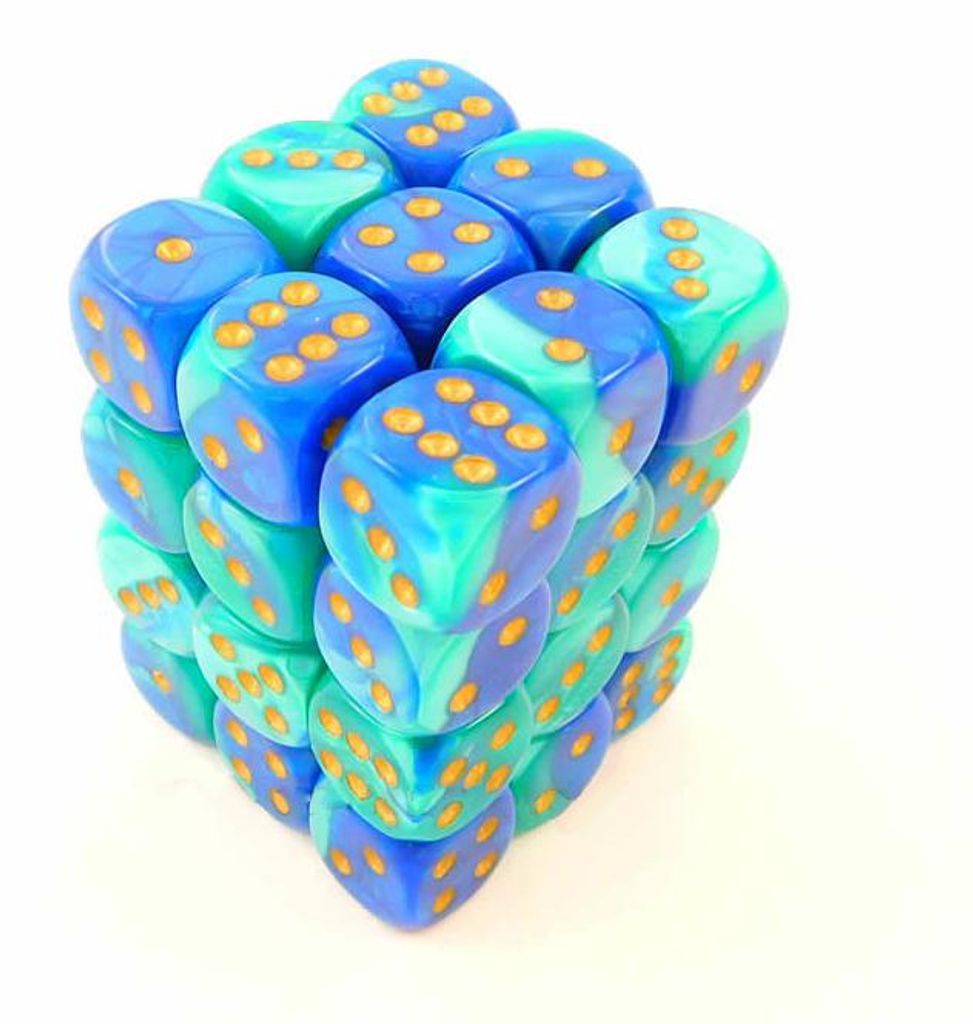 Chessex Gemini 12mm d6 Dice Blocks with pips Dice Blocks (36 Dice) - Blue-Teal w/gold