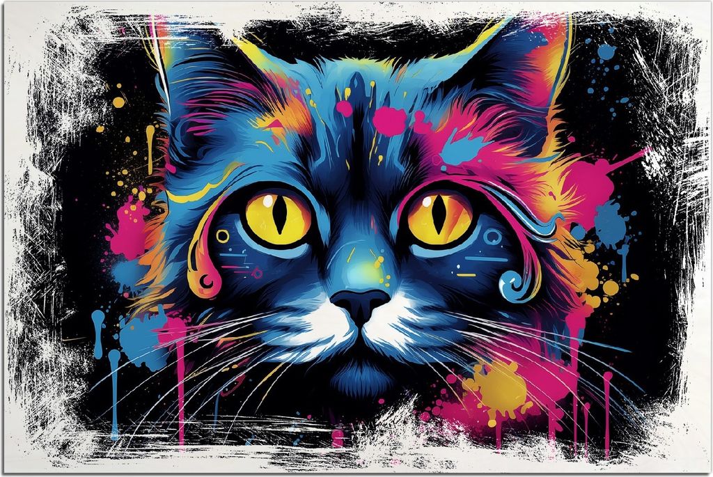Kunstdrucke Wandbilder Holz in : Brillante Farben, Größe 60 x 90 cm Motiv Katze im Farbrausch
