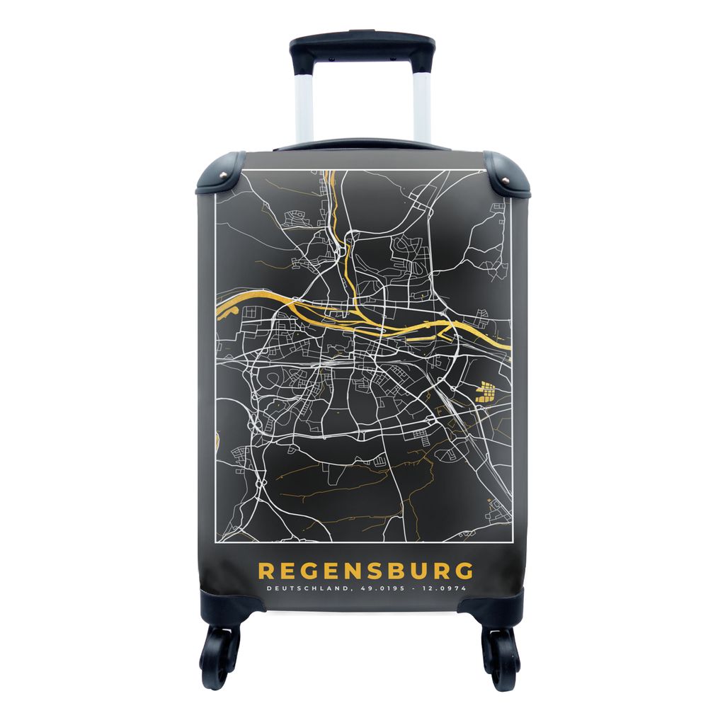MuchoWow Koffer Handgepäck Trolley Rollkoffer Kleine Reisekoffer mit 4 Rollen - Schwarz und Gold - Stadtplan - Regensburg - Deutschland - Karte ...
