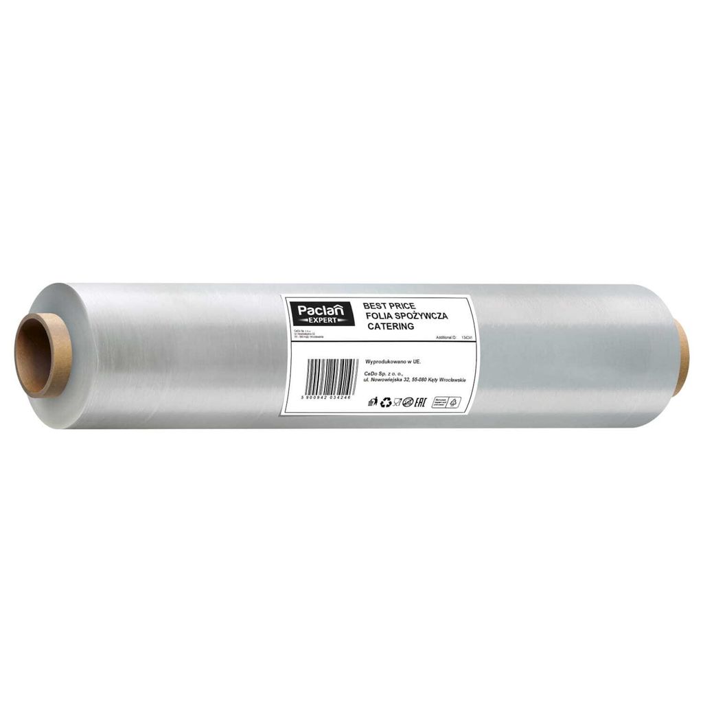 A roll of plastic food wrap on a cardboard tube, presented on a white background.