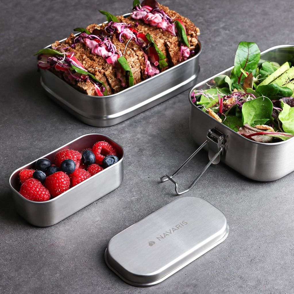 Brotdose aus Edelstahl - 3-teiliges Set - Meal Prep Behälter - Frischhaltedose - Doppelte Lunchbox - Spülmaschinenfest